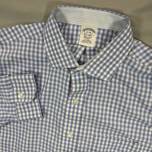 Brooks Brothers‎ Shirt Mens 17-34 Blue Plaid Gingham Supima Cotton Non-Iron